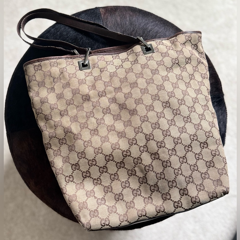 Gucci Vintage GG Monogram Canvas Tote Bag - Brown Leather Trim - 100% Authentic